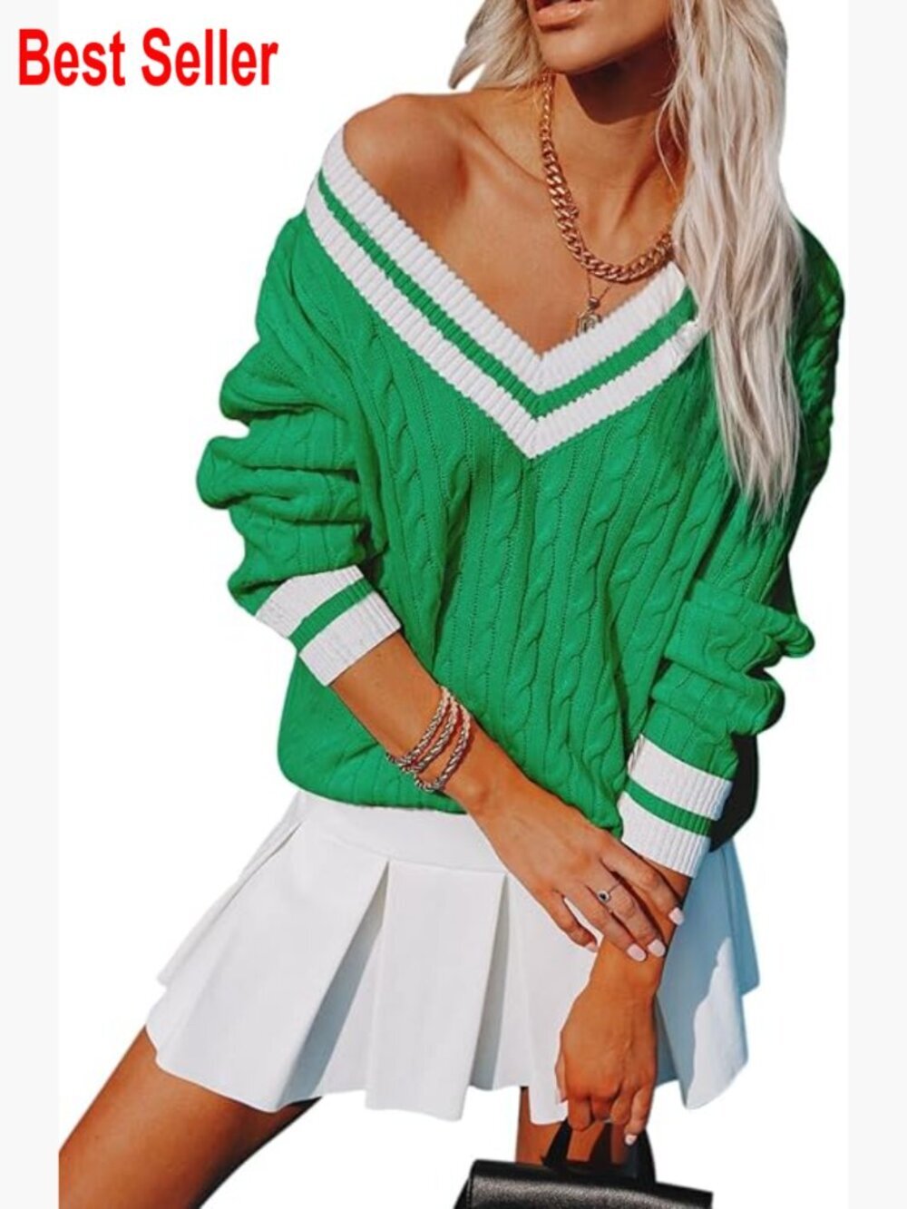 V Neck Oversized Sweater Cable Knit Chunky Pullover Tunic Tops